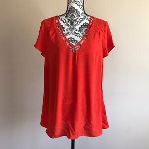 City Chic Lace Detail V-Neck Top Blouse - Tangerine - Size 12